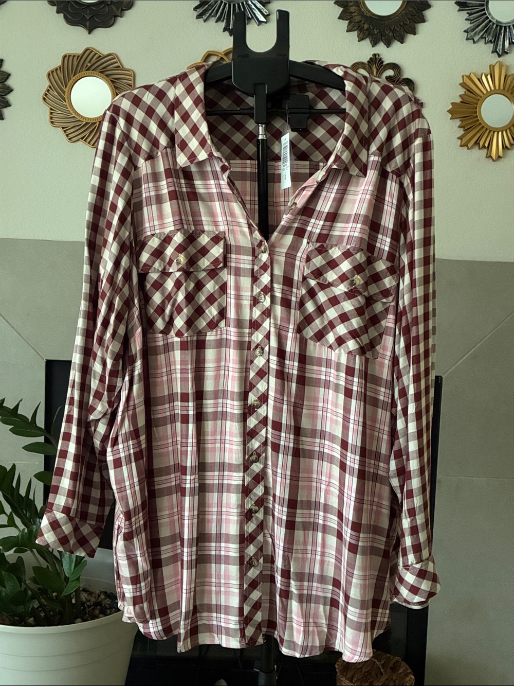 torrid Burgundy and Cream Plaid Button-Down Shirt- mix plaid la Molly button dow
